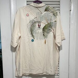 Tori Richard Cream Silk Shirt with Green and Brown Palm embroidered.
